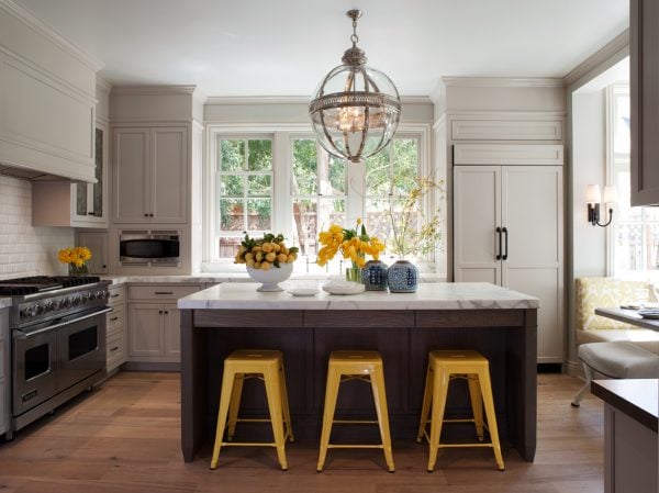kitchen with yellow stools