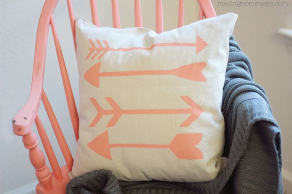 Making Home Base stenciled arrow pillow