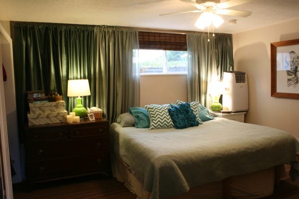 Master beadroom progress, before after tufted headboards curtained wall master bedroom (10)