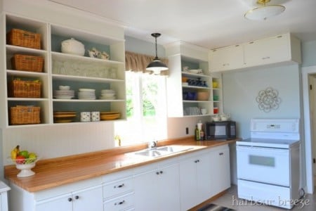 Butcher block counter tops. best kitchen remodel ideas -- kitchen update on a $100 budget with open cabinets, Harbour Breeze on Remodelaholic