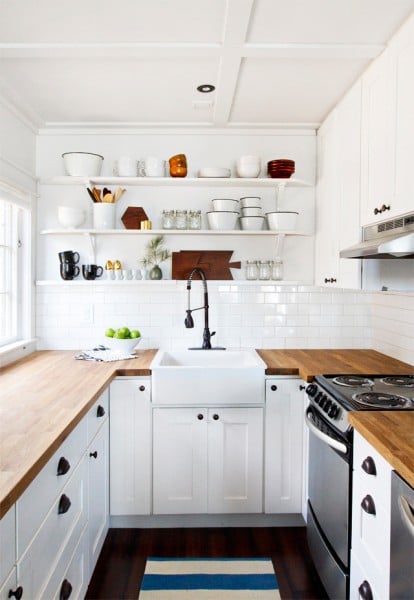 small kitchen with butcher block counter and open shelves, Smitten Studio