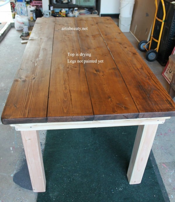 diy farmhouse table with provincial stained top, featured on Remodelaholic.com