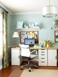 easy home office with wall shelving via Remodelaholic.com