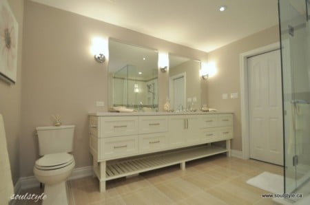 elegant neutral bath renovation, Soul Style featured on Remodelaholic.com