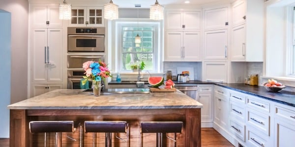 White Country Kitchen Remodel with Marble Backsplash