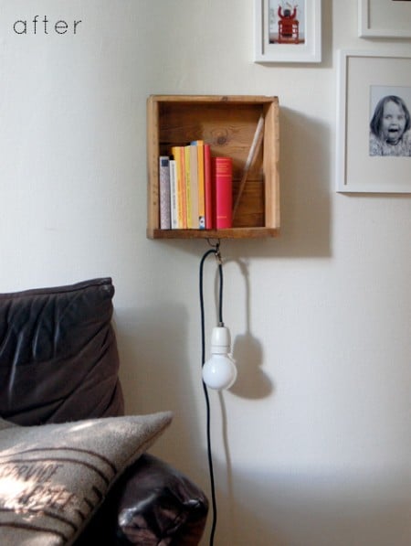 Old drawer to bedside floating shelf with light, Catherine featured on Design Sponge via Remodelaholic