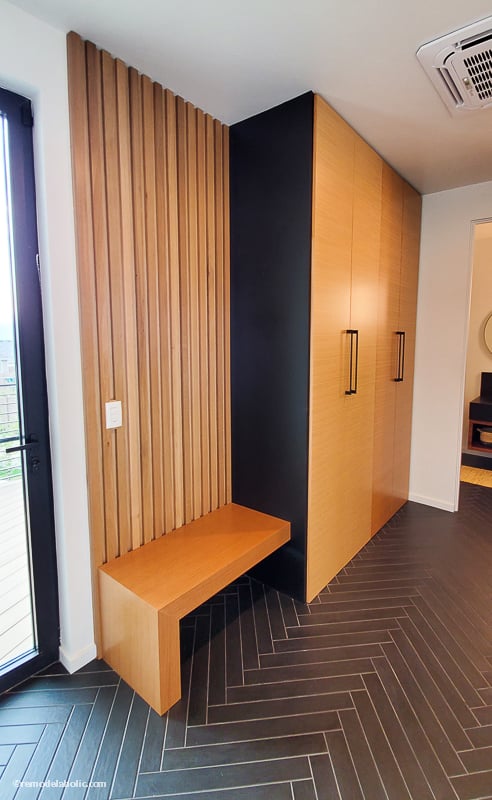How to Decorate a Hallway: Wood Bench with Vertical Slats