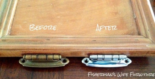 before and after chrome plated kitchen cabinet hinges, Fisherman's Wife Furniture featured on Remodelaholic.com