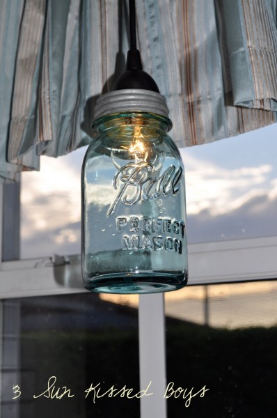 blue tinted mason jar pendant light diy tutorial, 3 Sunkissed Boys featured on Remodelaholic