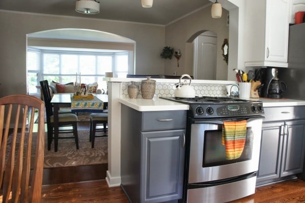 gray and white kitchen and dining room, LoveLee Homemaker featured on Remodelaholic