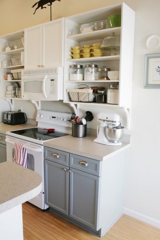 gray and white kitchen with open cabinets, Pretend Fancy featured on Remodelaholic
