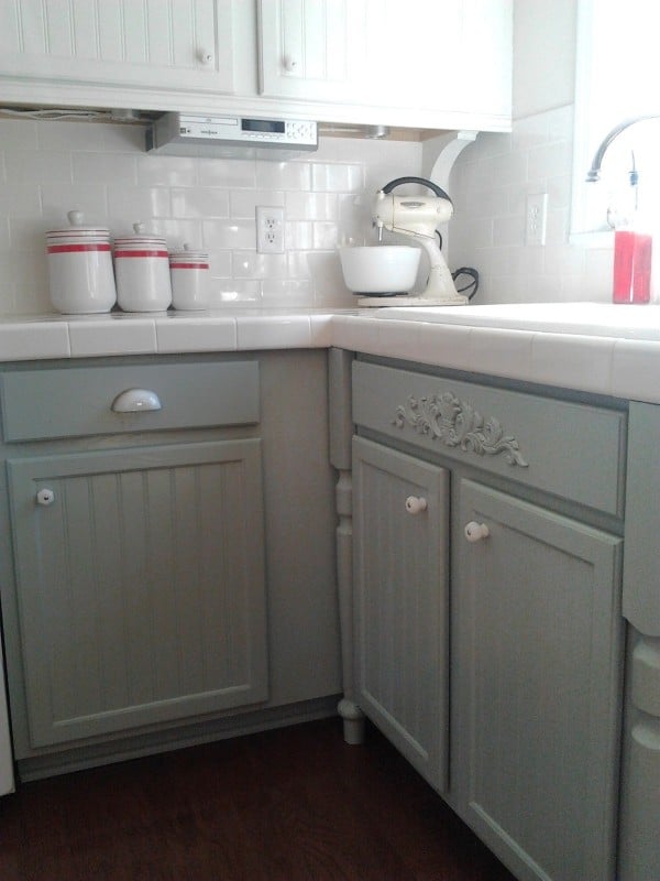 gray and white painted oak cabinets, Mom and Her Drill featured on Remodelaholic