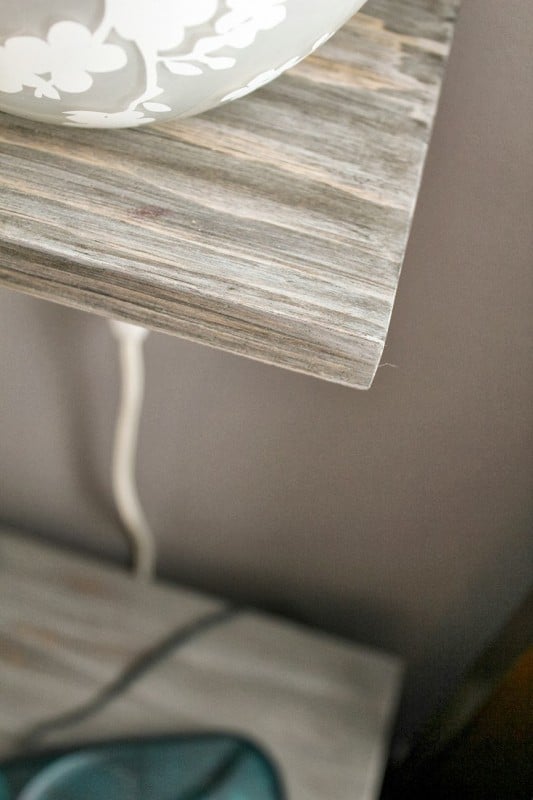 grey weathered barn board finish on floating shelf bedside storage for lamp, Turtles and Tails featured on Remodelaholic.com