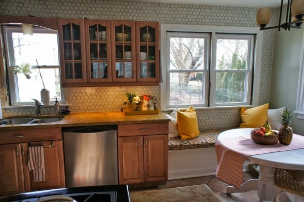 oak cabinets before the gray and white kitchen makeover, LoveLee Homemaker featured on Remodelaholic