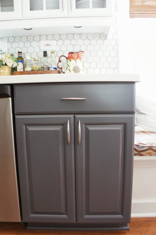 two-tone gray and white painted kitchen cabinets, LoveLee Homemaker featured on Remodelaholic
