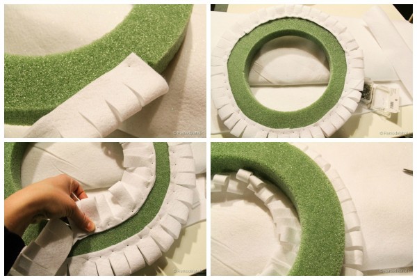 Attaching the felt to the wreath form for a diy snowman wreath from Remodelaholic
