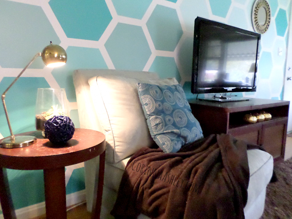 painted hexagon accent wall with tv and end table, For My Love Of featured on Remodelaholic