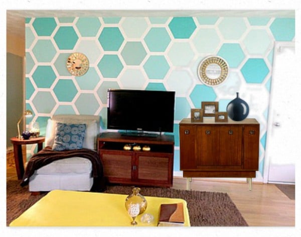 record cabinet with a hexagon painted wall, For My Love Of featured on Remodelaholic
