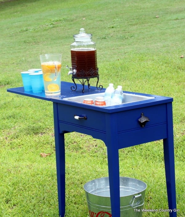 Old Sewing Table Into Drink Station with Drain | The Weekend Country Girl featured on Remodelaholic.com #furniture #revamp #drinkcooler