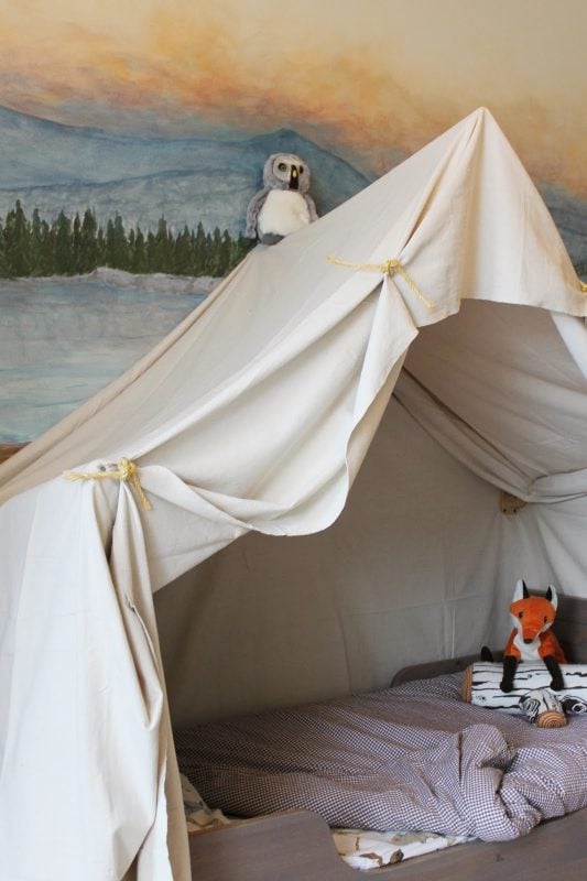 build a kids bed canopy that looks like an indoor camping tent, The Ragged Wren on Remodelaholic