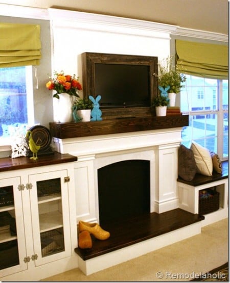 fake fireplace and mantel to hide TV cords, Remodelaholic