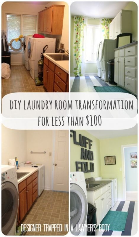 High Style, Low Cost Laundry Room Makeover -- painted cabinets, painted linoleum floor, cement countertops, under $100 #remodelaholic