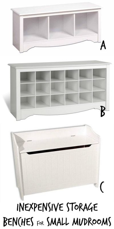 Inexpensive Storage Bench Options for Small Mudrooms via Remodelaholic