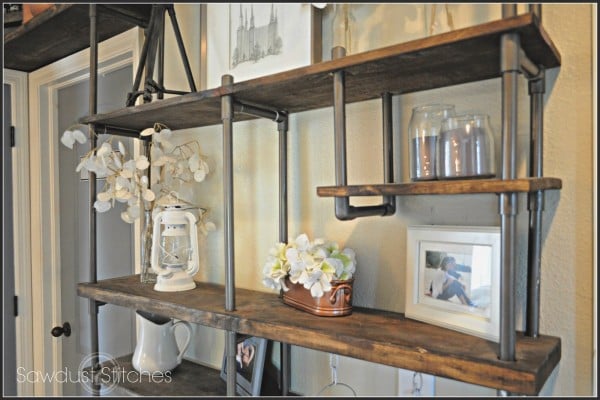 use PVC pipe to build an inexpensive industrial-style shelf, Sawdust 2 Stitches on Remodelaholic