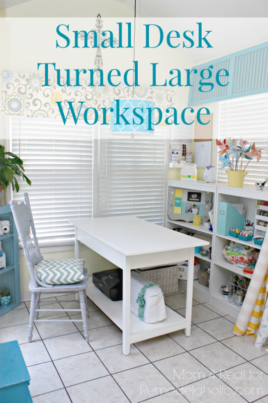 Turn a small console table into a large desk workspace with a shelf underneath! Mom 4 Real on Remodelaholic.com