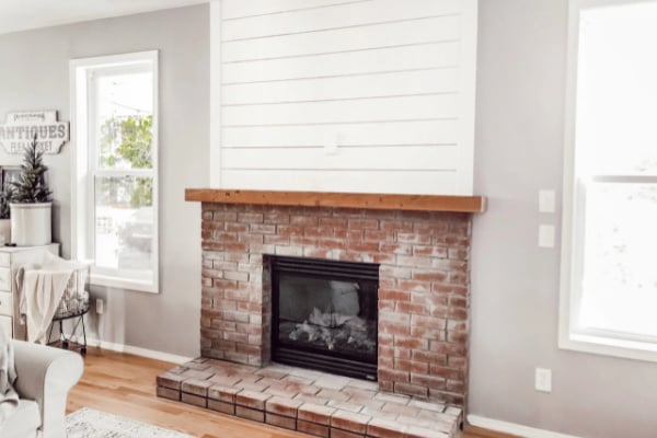 Basic Fireplace Remodel To Brick And Shiplap, Rain On Pine Featured On Remodelaholic