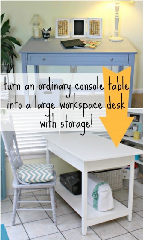 Turn a console table into a workspace desk with storage! Mom 4 Real on Remodelaholic.com #desk #storage #diy