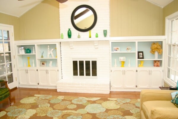 White Painted Brick Fireplace Remodel With Painted Built Ins, Homemade Ginger On Remodelaholic
