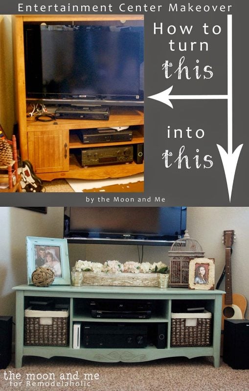 Turn an old entertainment center into a TV console table | The Moon and Me featured on Remodelaholic.com #upcycle #revamp