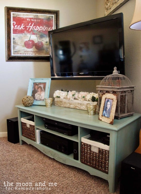 tv console made from an entertainment center, The Moon and Me on Remodelaholic