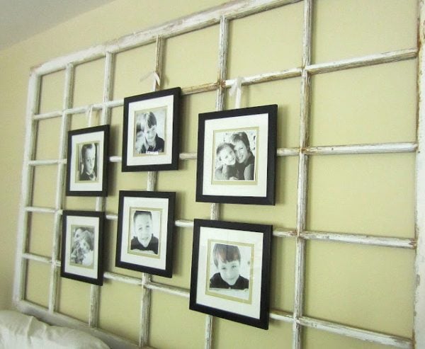 Large DIY Wall Decor Idea: Down to Earth Style - old window photo display - via Remodelaholic
