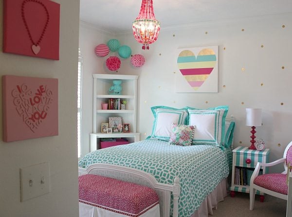 Girl's bright and bold bedroom revamp.  Several fun DIY projects.  The Creativity Exchange