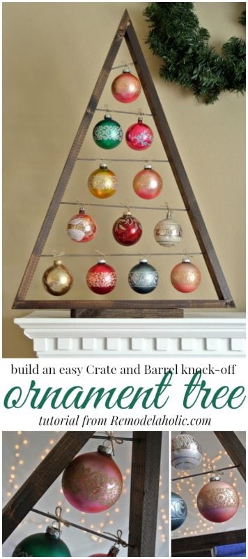 Build an easy ornament display tree -- Knockoff the Crate and Barrel wood ornament display tree for a fraction of the price using these free plans! Use it as an advent calendar or as a replacement for a traditional tree. Perfect for vintage and special ornaments. #remodelaholic #christmasdiy #diyChristmastree #christmas #holidaydecor